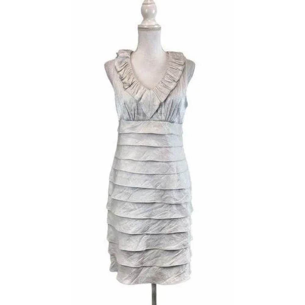 Vintage Y2K Silver Tiered Ruffle Dress Metallic Cocktail Party Womens 6 Whimsy